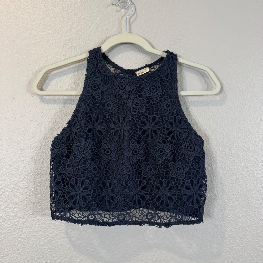 Hollister Women's Size S Navy Blue Floral Guipure Lace High Neck Crop‎ Top
